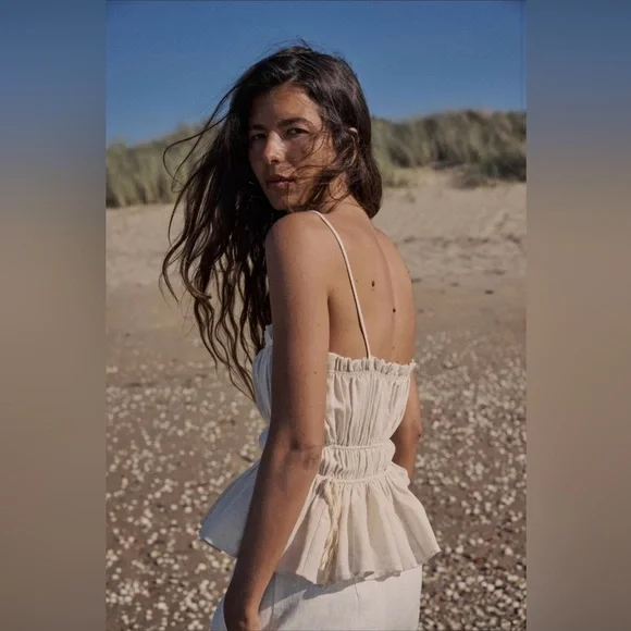 ZARA 100% LINEN RUSTIC TOP WITH STRAPS - Picture 6 of 6